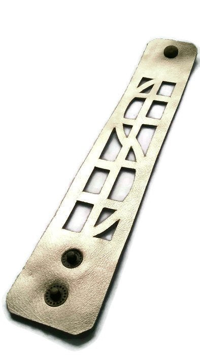 Silver color Leather "Self Empowering" Cuff bracelet. Reclaimed Leather Band. - Handmade Recycled Glass Jewelry