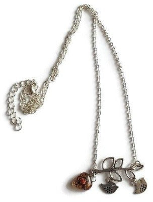 Family pendant. Bird pendant. Recycled Fused Glass necklace. Brown and Copper color heart shape bead - Handmade Recycled Glass Jewelry