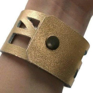 Golden The Good Luck, Self Empowering Bracelet.  Gold Leather Cuff bracelet. - Handmade Recycled Glass Jewelry