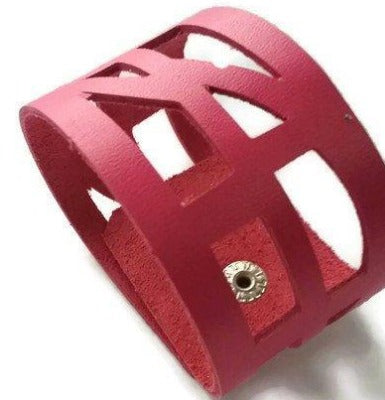 pink Reclaimed Leather wrist Band. The Self Empowering cuff Bracelet. Reurposed - Handmade Recycled Glass Jewelry