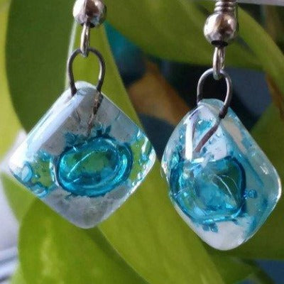 Small Turquoise and white Fused Glass Earrings. Recycled glass small square earrings - Handmade Recycled Glass Jewelry