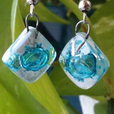 Small Turquoise and white Fused Glass Earrings. Recycled glass small square earrings - Handmade Recycled Glass Jewelry