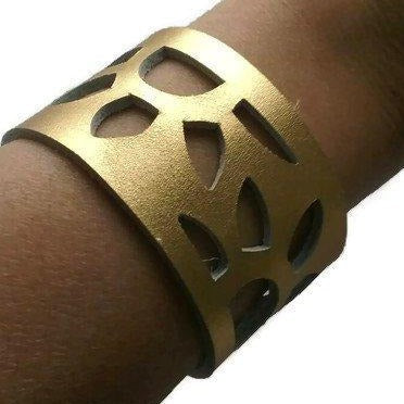Gold Color Reclaimed Leather Cuff Bracelet. Golden "Sunflowers" Leather Band - Handmade Recycled Glass Jewelry