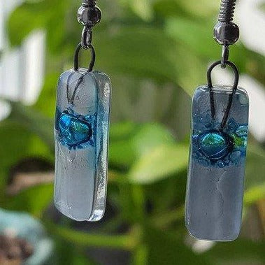 Small White and Turquoise Fused Glass Earrings - Handmade Recycled Glass Jewelry