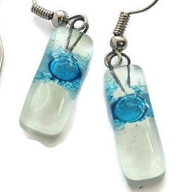 Small White and Turquoise Fused Glass Earrings - Handmade Recycled Glass Jewelry