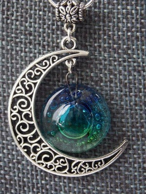 Blue moon, Green blue moon recycled glass long pendant. Handmade. - Handmade Recycled Glass Jewelry