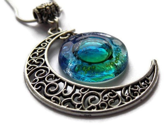 Blue moon, Green blue moon recycled glass long pendant. Handmade. - Handmade Recycled Glass Jewelry