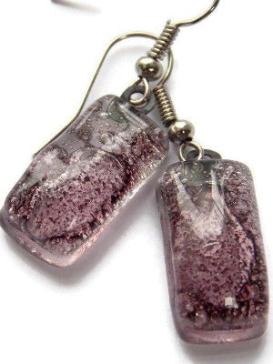 Fused Glass earrings. Purply Bubbly color recycled Glass Earrings. Small Bars dangle earrings - Handmade Recycled Glass Jewelry