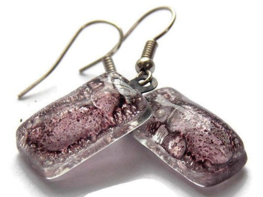 Fused Glass earrings. Purply Bubbly color recycled Glass Earrings. Small Bars dangle earrings - Handmade Recycled Glass Jewelry