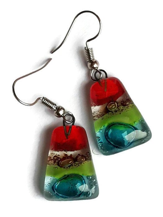 Rainbow Fused Glass dangle Earring. Red, turquoise, green and brown Drop Earrings. Glass Art