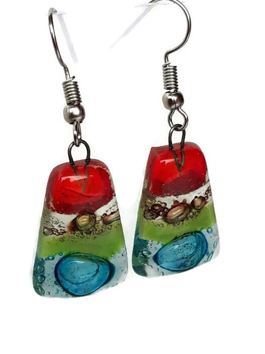 Rainbow Fused Glass dangle Earring. Red, turquoise, green and brown Drop Earrings. Glass Art