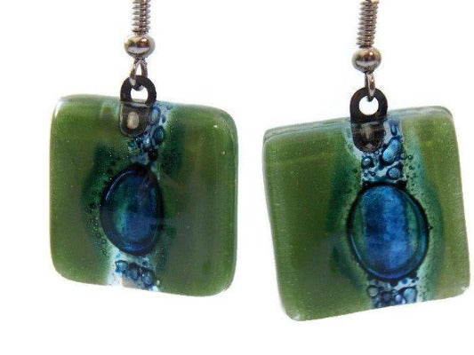 Blue and Green Recycled fused glass square Earrings - Handmade Recycled Glass Jewelry