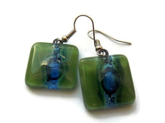 Blue and Green Recycled fused glass square Earrings - Handmade Recycled Glass Jewelry