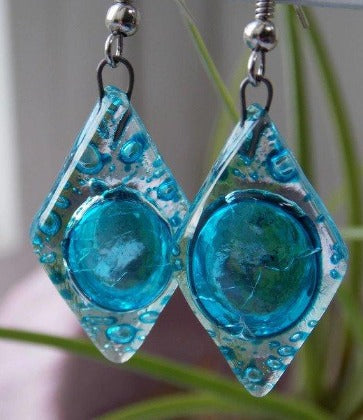 Aqua, turquoise diamond shaped recycled fused Glass Earrings. Glass drop Earrings. - Handmade Recycled Glass Jewelry