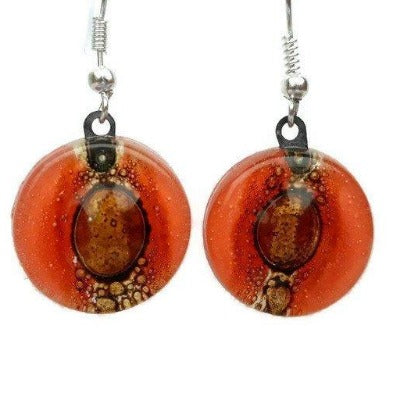 Red and Brown round dangle earring. Orangy red and a caramel Fused Glass Drop Earrings - Handmade Recycled Glass Jewelry