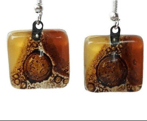 Earthy tones, White, beige, terracota and Brown Square Fused Glass earrings. - Handmade Recycled Glass Jewelry
