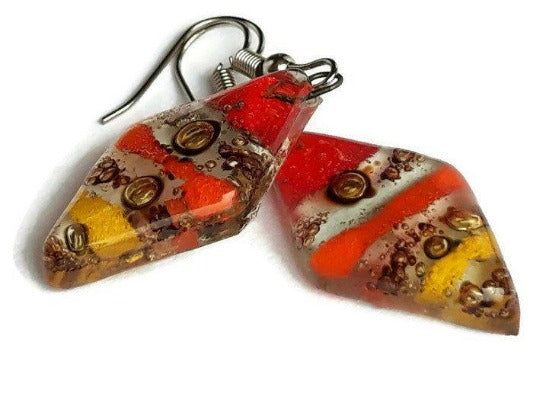 Red, Yellow and Orange Diamond Shaped Earrings. Fused glass Dangle Earrings. - Handmade Recycled Glass Jewelry