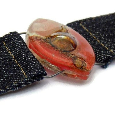 Red, pink and Brown Fused Glass and reclaimed Demin Cuff. Vegan Bracelet. - Handmade Recycled Glass Jewelry