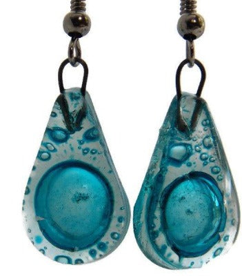 Small Aqua turquoise teardrop recycled Glass Earrings. Blue Fused Glass Earrings - Handmade Recycled Glass Jewelry