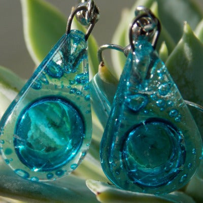 Small Aqua turquoise teardrop recycled Glass Earrings. Blue Fused Glass Earrings - Handmade Recycled Glass Jewelry