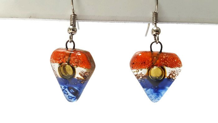 Blue, brown, and Orange handmade recycled Fused glass beads, Small Drop earrings, Dangle earrings - Handmade Recycled Glass Jewelry