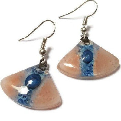 Handmade fused glass drop earrings, Pink and Blue fan shape Recycled dangle earrings. - Handmade Recycled Glass Jewelry