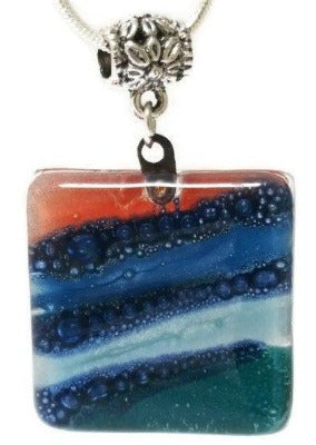 Teal, Blue and Red Fused Glass square Pendant. Recycled Glass Handmade Glass Bead. Handmade necklace - Handmade Recycled Glass Jewelry
