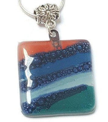 Teal, Blue and Red Fused Glass square Pendant. Recycled Glass Handmade Glass Bead. Handmade necklace - Handmade Recycled Glass Jewelry