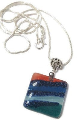 Teal, Blue and Red Fused Glass square Pendant. Recycled Glass Handmade Glass Bead. Handmade necklace - Handmade Recycled Glass Jewelry