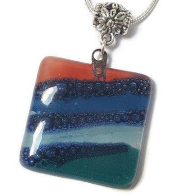 Teal, Blue and Red Fused Glass square Pendant. Recycled Glass Handmade Glass Bead. Handmade necklace - Handmade Recycled Glass Jewelry