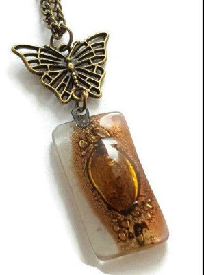 Butterfly pink recycled glass long necklace. Handmade fused glass pendant - Handmade Recycled Glass Jewelry