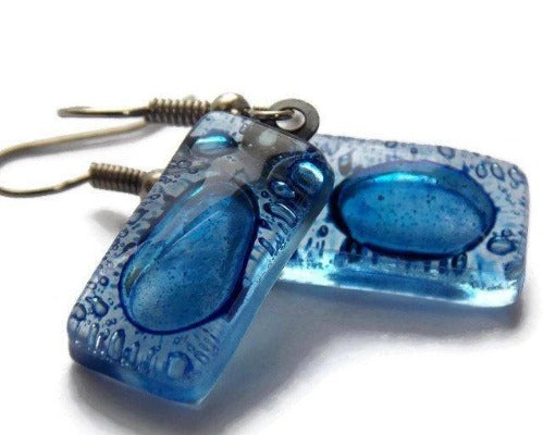 Small Blue Earrings. Recycled fused glass Earrings. Drop Earrings - Handmade Recycled Glass Jewelry