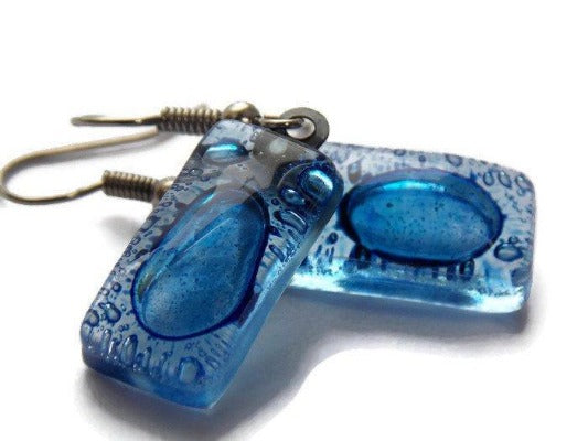 Small Blue Earrings. Recycled fused glass Earrings. Drop Earrings - Handmade Recycled Glass Jewelry