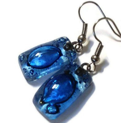 Small Blue Earrings. Recycled fused glass Earrings. Drop Earrings - Handmade Recycled Glass Jewelry