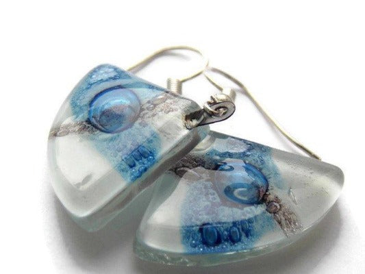 Fan Shaped White Blue and a purply color Recycled Glass Drop Earrings. Dangle Earrings - Handmade Recycled Glass Jewelry