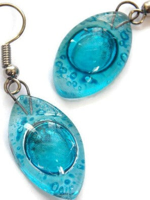 Blue Drop Earrings. Leaf Shaped Turquoise dangle earrings, Recycled Glass. Aqua earrings. - Handmade Recycled Glass Jewelry