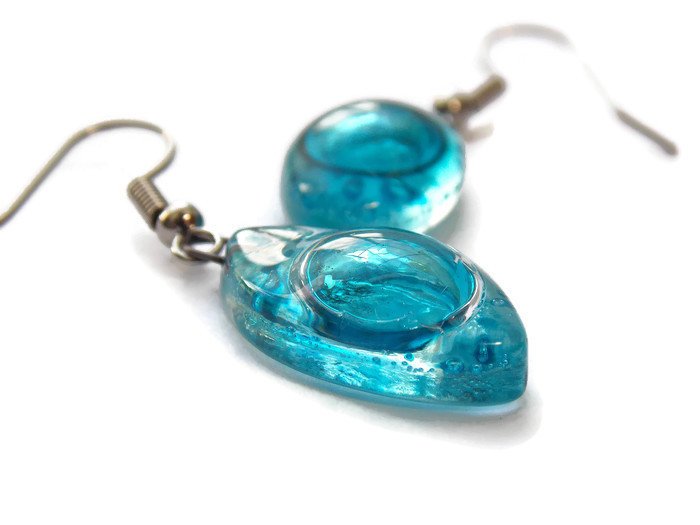 Blue Drop Earrings. Leaf Shaped Turquoise dangle earrings, Recycled Glass. Aqua earrings. - Handmade Recycled Glass Jewelry