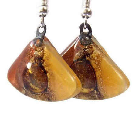 Earth Tones Recycled Glass earrings. Beige Brown and Terracotta fan shape drop Earrings - Handmade Recycled Glass Jewelry