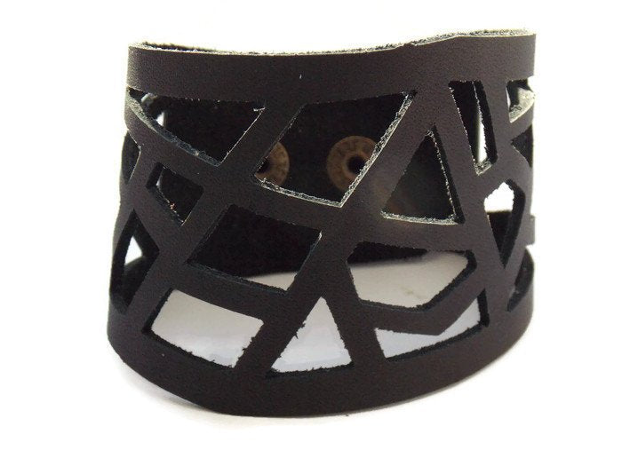 Black Leather Cuff. Reclaimed Leather Bracelet. Black Barcelona Bracelet. Leather cuff bracelet - Handmade Recycled Glass Jewelry