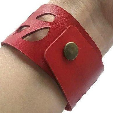Red Sunflower Reclaimed Leather Cuff Bracelet. Repurposed Leather wrist Band - Handmade Recycled Glass Jewelry