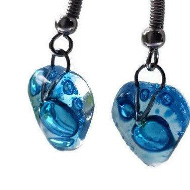 Small heart shapped blue fused glass drop Earrings. Turquoise Recycles Glass dangle Earrings. - Handmade Recycled Glass Jewelry