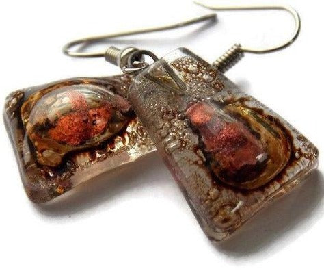 Copper pink and brown recycled fused glass earrings - Handmade Recycled Glass Jewelry