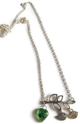 Green Recycled Glass Bead, Family Pendant. Bird Necklace. Recycled Glass Jewelry .