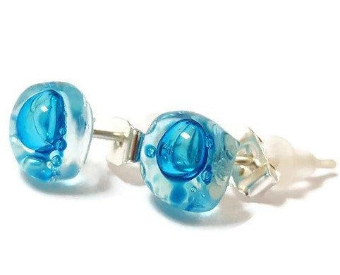 Small Post Turquoise Earrings. Fused Glass Studs. Recycled Glass jewelry. Stud earrings - Handmade Recycled Glass Jewelry