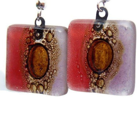 Red, lilac and Brown Square Fused Glass Drop Earrings- Recycled Glass Dangle Earrings - Handmade Recycled Glass Jewelry