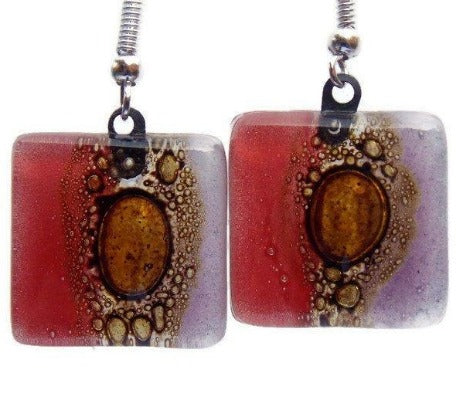 Red, lilac and Brown Square Fused Glass Drop Earrings- Recycled Glass Dangle Earrings - Handmade Recycled Glass Jewelry