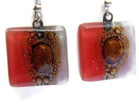 Red, lilac and Brown Square Fused Glass Drop Earrings- Recycled Glass Dangle Earrings - Handmade Recycled Glass Jewelry