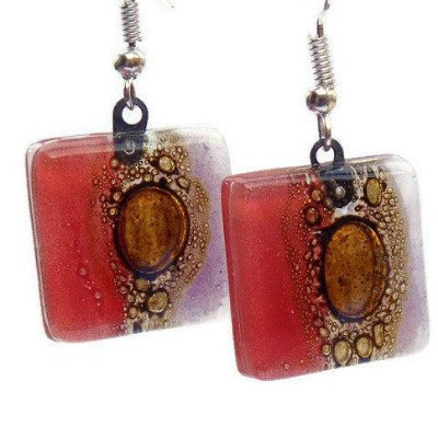 Red, lilac and Brown Square Fused Glass Drop Earrings- Recycled Glass Dangle Earrings - Handmade Recycled Glass Jewelry