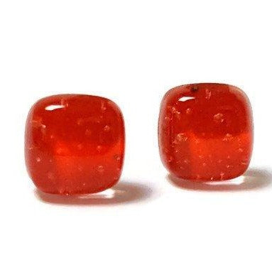 Small Post red Earrings. Fused Glass Studs. Recycled Glass jewelry. Stud earrings - Handmade Recycled Glass Jewelry