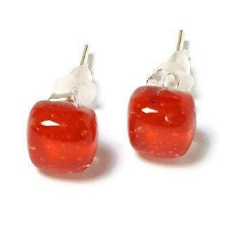 Small Post red Earrings. Fused Glass Studs. Recycled Glass jewelry. Stud earrings - Handmade Recycled Glass Jewelry
